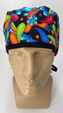 60s Hippie Rainbow Nursing Scrub Hat Scrubs Cap Bouffant for Long Hair, Cotton, Black Paisley Colorful