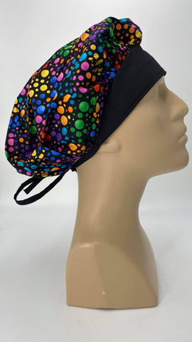 Circles 60s Hippie Rainbow Nursing Scrub Hat Scrubs Cap Bouffant for Long Hair, Cotton, Black with Rainbow Polka Dots