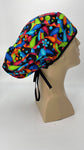 60s Hippie Rainbow Nursing Scrub Hat Scrubs Cap Bouffant for Long Hair, Cotton, Black Paisley Colorful