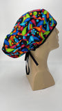 60s Hippie Rainbow Nursing Scrub Hat Scrubs Cap Bouffant for Long Hair, Cotton, Black Paisley Colorful