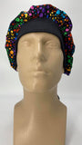 Circles 60s Hippie Rainbow Nursing Scrub Hat Scrubs Cap Bouffant for Long Hair, Cotton, Black with Rainbow Polka Dots
