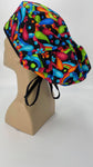 60s Hippie Rainbow Nursing Scrub Hat Scrubs Cap Bouffant for Long Hair, Cotton, Black Paisley Colorful