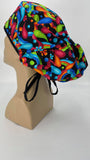 60s Hippie Rainbow Nursing Scrub Hat Scrubs Cap Bouffant for Long Hair, Cotton, Black Paisley Colorful
