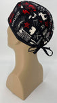 Forest Wilderness Nursing Scrub Hat Scrubs Cap, Cotton, Black with Moose Bears Trees Feathers Ax