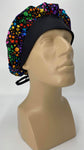 Circles 60s Hippie Rainbow Nursing Scrub Hat Scrubs Cap Bouffant for Long Hair, Cotton, Black with Rainbow Polka Dots
