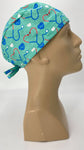 EKG Heartbeat with Stethoscope Nursing Scrub Hat Surgeons Cap, Cotton, Green Blue White Red