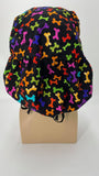 Dog Bones Nursing Scrub Hat Scrubs Cap Bouffant for Long Hair, Cotton, Black with Rainbow Colors