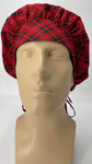Red Checkered Nursing Scrub Hat Scrubs Cap Bouffant for Long Hair, Cotton