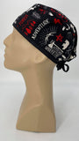 Forest Wilderness Nursing Scrub Hat Scrubs Cap, Cotton, Black with Moose Bears Trees Feathers Ax