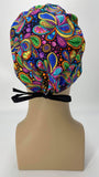 Colorful 60s Retro Nursing Scrub Hat Surgeons Cap, Cotton, paisley Flowers with Rainbow Colors
