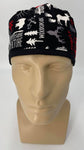 Forest Wilderness Nursing Scrub Hat Scrubs Cap, Cotton, Black with Moose Bears Trees Feathers Ax
