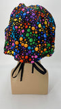 Circles 60s Hippie Rainbow Nursing Scrub Hat Scrubs Cap Bouffant for Long Hair, Cotton, Black with Rainbow Polka Dots