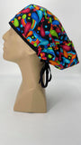 60s Hippie Rainbow Nursing Scrub Hat Scrubs Cap Bouffant for Long Hair, Cotton, Black Paisley Colorful