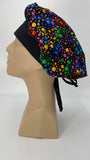 Circles 60s Hippie Rainbow Nursing Scrub Hat Scrubs Cap Bouffant for Long Hair, Cotton, Black with Rainbow Polka Dots