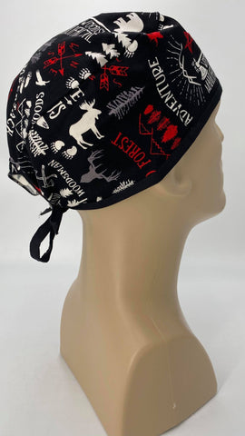 Forest Wilderness Nursing Scrub Hat Scrubs Cap, Cotton, Black with Moose Bears Trees Feathers Ax