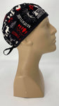 Forest Wilderness Nursing Scrub Hat Scrubs Cap, Cotton, Black with Moose Bears Trees Feathers Ax