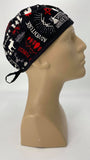 Forest Wilderness Nursing Scrub Hat Scrubs Cap, Cotton, Black with Moose Bears Trees Feathers Ax