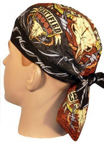 Certified TOUGH Longhorn Skeleton Head Doo Rag Hat Bandana Head Wrap Black and Brown for Men or Women