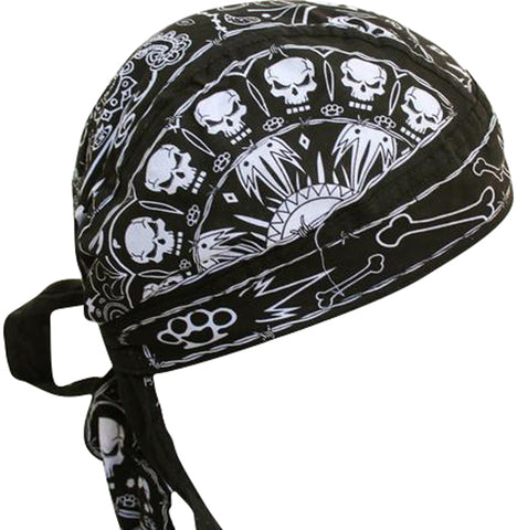 Skulls and Bones Doo Rag Cap with Sweatband Biker Hat Bandana Head Wrap Black and White for Men or Women