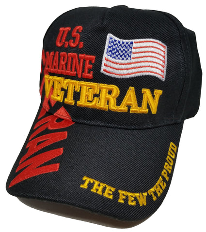 Marine Veteran Hat, Black and Red Baseball Cap with American Flag, Adjustable Size, Embroidered