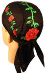 Red Roses Doo Rag Skull Cap, Made in America, Includes Sweatband, Cotton, Black Dorag
