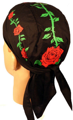 Red Roses Doo Rag Skull Cap, Made in America, Includes Sweatband, Cotton, Black Dorag