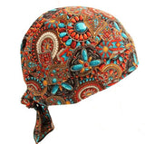 Turquoise Coral and Beads Jewelry Print Design Doo Rag Brown Skull Cap Chemo Dorag w/ Sweatband MADE IN AMERICA