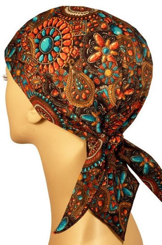 Turquoise Coral and Beads Jewelry Print Design Doo Rag Brown Skull Cap Chemo Dorag w/ Sweatband MADE IN AMERICA