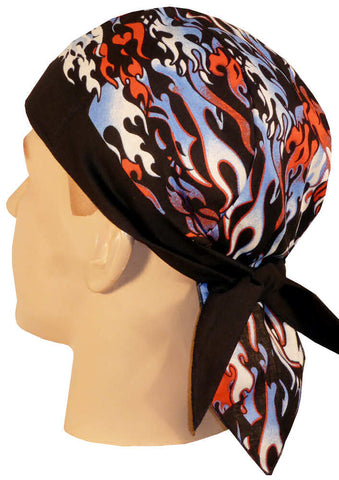 Patriotic Flaming Fire Doo Rag Hat MADE IN AMERICA Bandana Head Wrap Black, Red, White Blue Men or Women