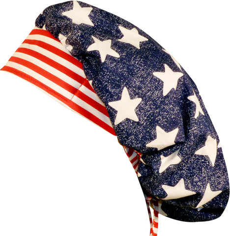 American Flag Stars and Stripes Surgical Bouffant for Long Hair Scrub Hat with SWEATBAND MADE IN THE USA Doctors Surgeon Hat