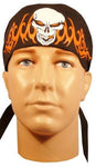 Skull with Tribal Flames Black, White and Orange Bandana Skull Cap, Made in USA, with Sweatband, Dorag Motorcycle Biker Hat