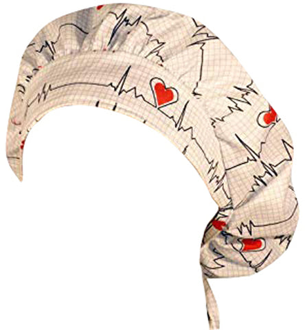 EKG Heart Beat White Surgical Bouffant for Long Hair Scrub Hat with SWEATBAND MADE IN THE USA Doctors Surgeon Hat