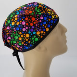 Nursing Scrub Hat Scrubs Cap, Cotton, Black, Rainbow Circles Polka Dots Bubbles