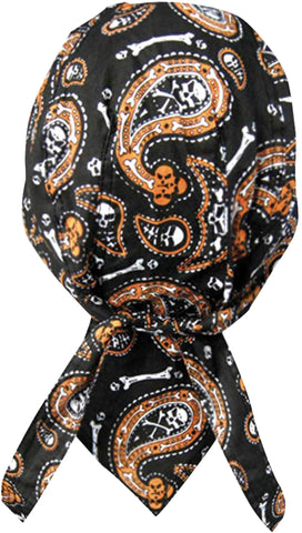 Skulls and Bones Doo Rag Cap with Sweatband Biker Hat Bandana Head Wrap Black and Orange for Men or Women