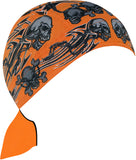 Skeleton Head Tribal Doo Rag Hat Bandana Head Wrap Black and Orange for Men or Women