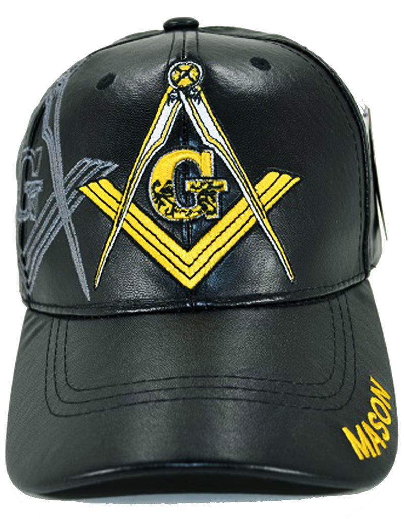 Mason Hat Black Leather Baseball Cap with Masonic Logo Freemasons
