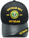 Vietnam ERA Army Veteran Hat Military Baseball Cap, Mens Womens, Black and Gold, Leather and Air Mesh