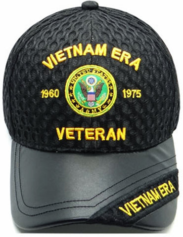 Vietnam ERA Army Veteran Hat Military Baseball Cap, Mens Womens, Black and Gold, Leather and Air Mesh