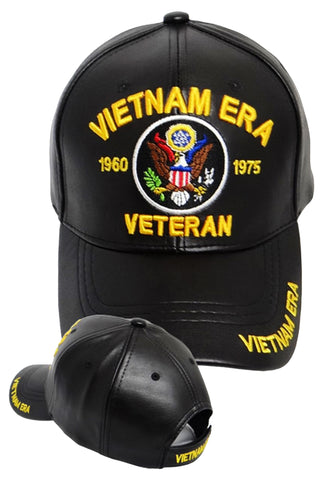 VIETNAM ERA VETERAN BLACK LEATHER BASEBALL CAP EMBROIDERED HAT