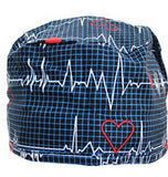 Scrub Cap Medical Surgeon Head Cover Surgical Hat Nurse Nursing Operating Room, Navy Blue EKG Heart