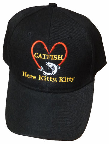 Catfishing Baseball Cap I Love Catfish Here Kitty Kitty Black Hat Hooks in Shape of Heart