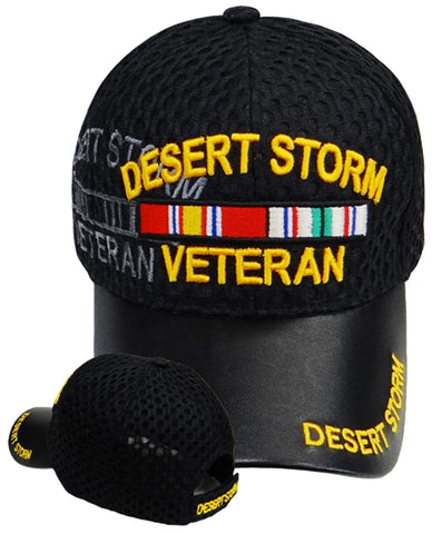Desert Storm Veteran Hat Officially Licensed Black Sport Mesh, Leather Bill Baseball Cap Army Navy Air Force Marine Men Women