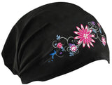 CLEARANCE Pretty Flowers and Black Headwrap Cotton Helmet Liner Motorcycle Bikers, Cyclists, Chemo Bald Head Cover