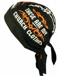 Christian Bandana Dorag Skull Cap with SWEATBAND These Are My Church Clothes Cotton Durag Bikers Hat for Christians Black, Orange and White Doo-Rag