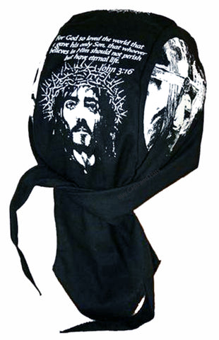 John 3:16 Christian Bandana Dorag Cap Black and White Doo-Rag with SWEATBAND Du-Bandana for Christians