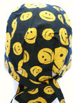 Smiley Face Yellow and Black Happy Headwrap Doo Rag Durag Skull Cap Cotton Sporty Motorcycle Hat