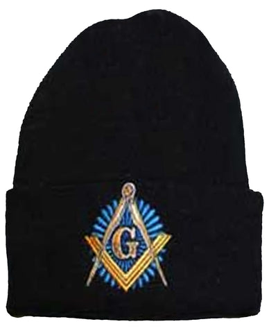 Mason Winter Hat, Black Beanie with Masonic Logo Emblem, Cuffed Ski Cap, Knitted Skullie Skully