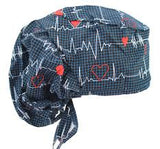 Surgical Bouffant for Long Hair Scrub Hat EKG Heartbeat with SWEATBAND MADE IN THE USA Doctors Surgeon Hat