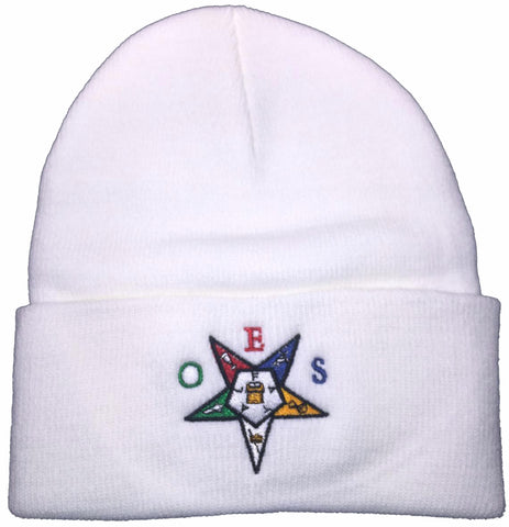 Eastern Star Winter Beanie Ski Hat with O.E.S. Emblem, Skull Cap Womens, White