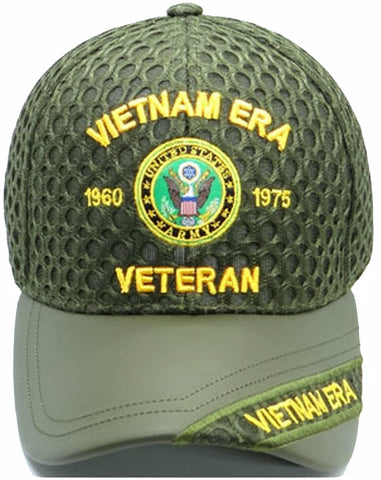 Vietnam ERA Army Veteran Hat Military Baseball Cap, Mens Womens, OD Olive Green, Leather and Air Mesh